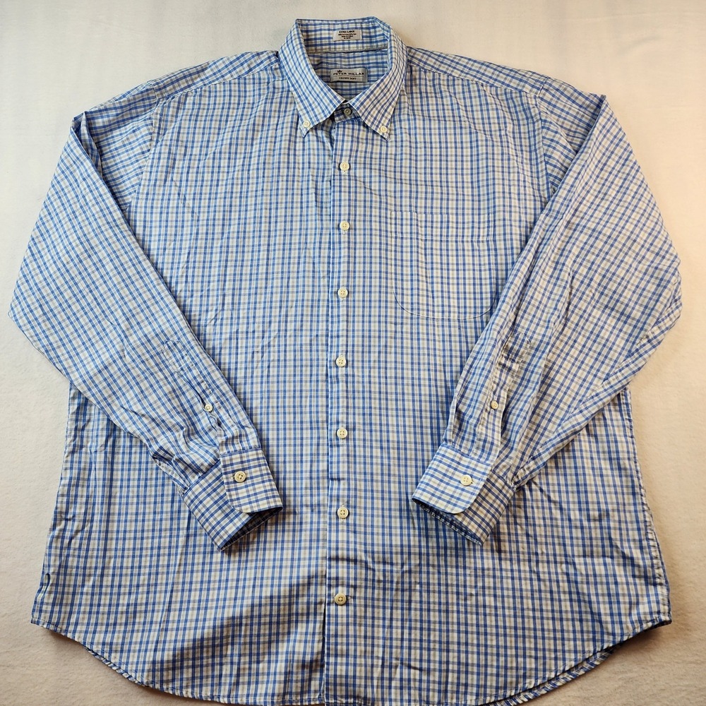Peter Millar Crown Soft Shirt Men XL Silk Blend Blue Gray Whit Plaid Button Down - Picture 3 of 7